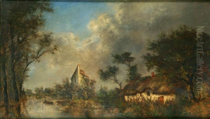 Chaumiere En Bord De Riviere Oil Painting by Jules Dupre