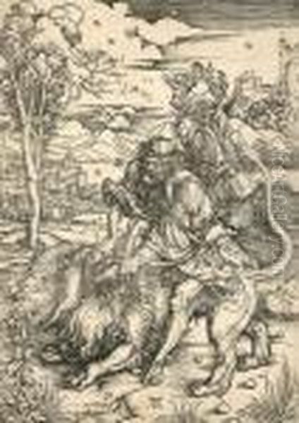 Samson Vechtend Met De Leeuw Oil Painting by Albrecht Durer