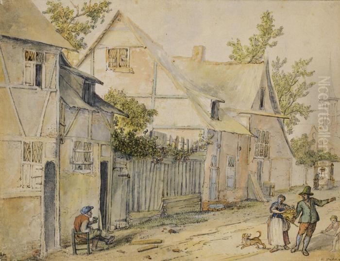 A Village Street, With A Family 
Of Peasants To The Right, And Another Seated To The Left, Drinking Oil Painting by Cornelis Dusart