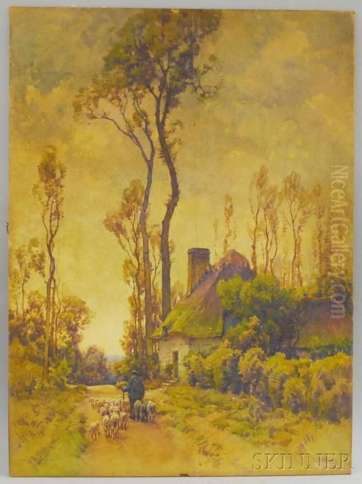 Man With Sheep Walking Down A Country Lane Oil Painting by Hezekiah Anthony Dyer