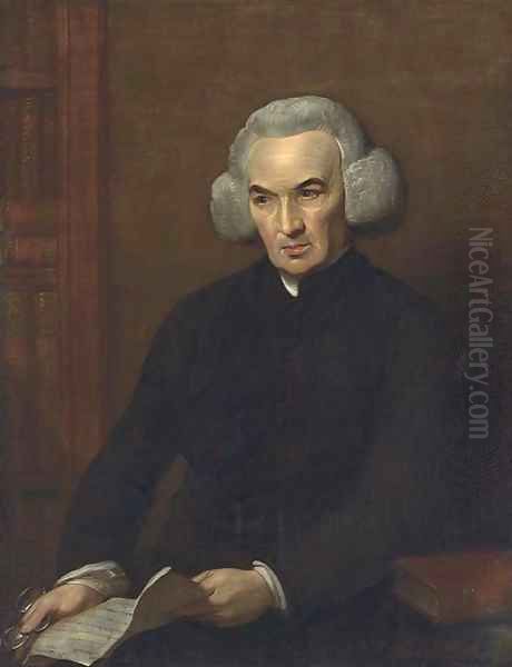 Portrait of Dr. Richard Price, half-length, holding a letter from Benjamin Franklin, with a bookshelf to his right Oil Painting by Benjamin West