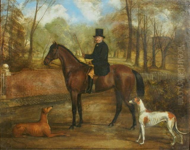 Portrait Of A Gentleman Saddled 
On Bay Hunter With Greyhounds Alongside In A Country Setting Oil Painting by John Snr Ferneley