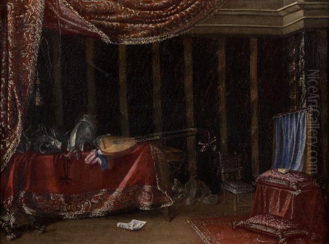 Compositions D'armures, Pieces 
D'orfevreries, Bouquet De Fleurs Et Instruments De Musique Dans De 
Riches Interieurs Oil Painting by Francesco (Il Maltese) Fieravino