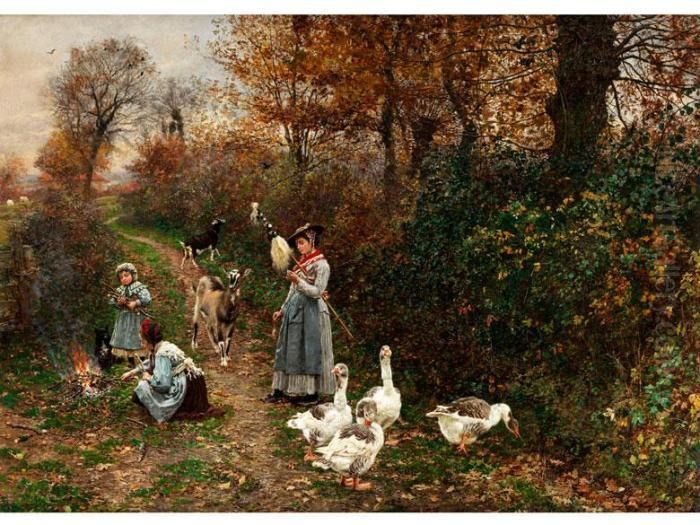 Hirtenmadchen Am Waldrand Beim Entfachen Eines Feuers Oil Painting by Marie-Francois-Firmin Girard