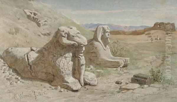 A Ram's Head Sphinx at the Temple of Amun, Karnak Oil Painting by Carl Friedrich H. Werner