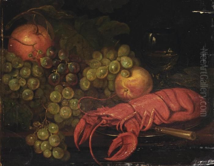 A Lobster On A Pewter Dish, A 
Knife, An Apple, A Peach, Grapes And A Roemer, All On A Table Oil Painting by Jan Fris