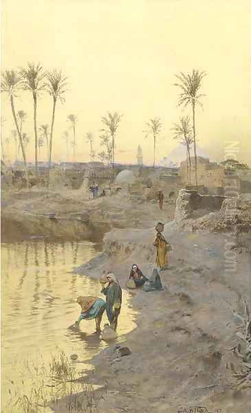 Watercarriers before The Pyramids at dusk Oil Painting by Charles Wilda