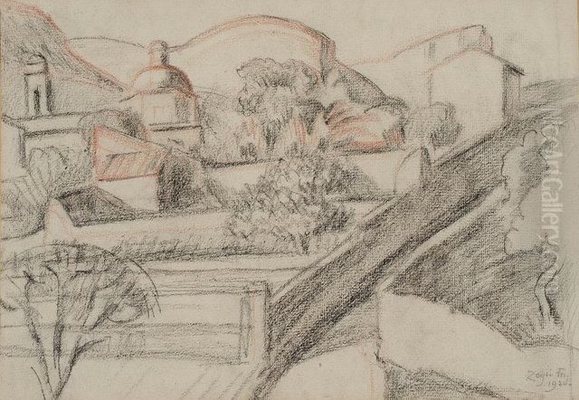 Church And Buildings On A Hillside Terrace Oil Painting by Roger Fry