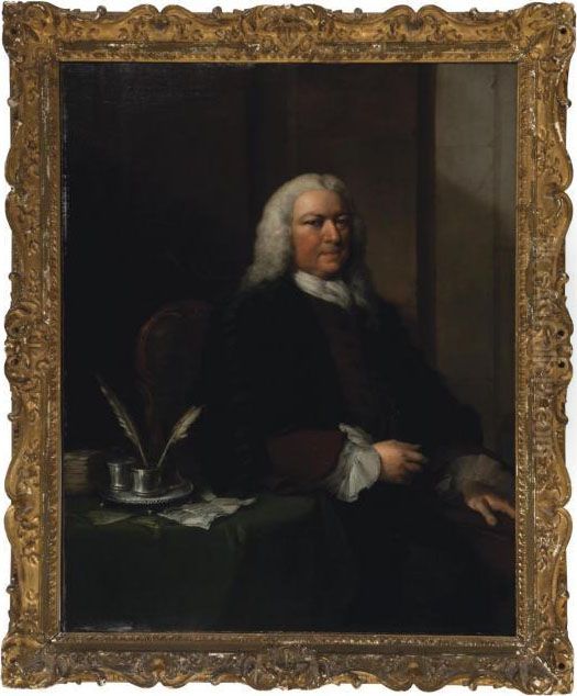 Portrait Of An Academic, 
Three-quarter Length, In A Brown Coat And Academic Gown, Leaning On A 
Table Oil Painting by Thomas Frye
