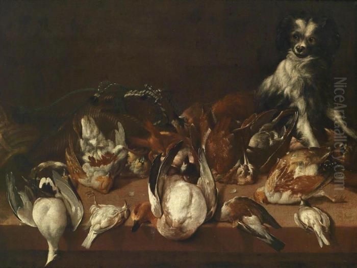 A Hunting Still Life With Shot Wildfowl And A Dog Oil Painting by Jan Fyt