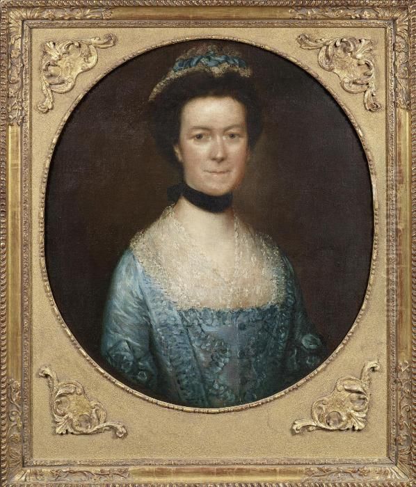 Portrait Of Catherine Warneford,
 Nee Claverley, Of Warneford Place, Half-length, In And Blue Silk Dress,
 And A Lace Finchu, Within A Painted Oval Oil Painting by Thomas Gainsborough