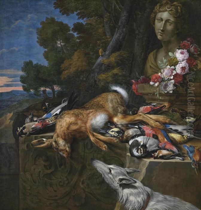 A Hare, A Woodpecker, A Jay, A 
Kingfisher, A Goldfinch, A Great Tit And Other Songbirds On A Stone 
Ledge, Flanked By A Bust Of Diana With A Floral Wreath, A Wooded 
Landscape Beyond Oil Painting by Hieronymus Galle I