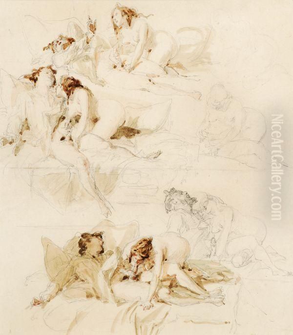 Studies Of A Naked Couple Together On A Bed Oil Painting by Paul Gavarni