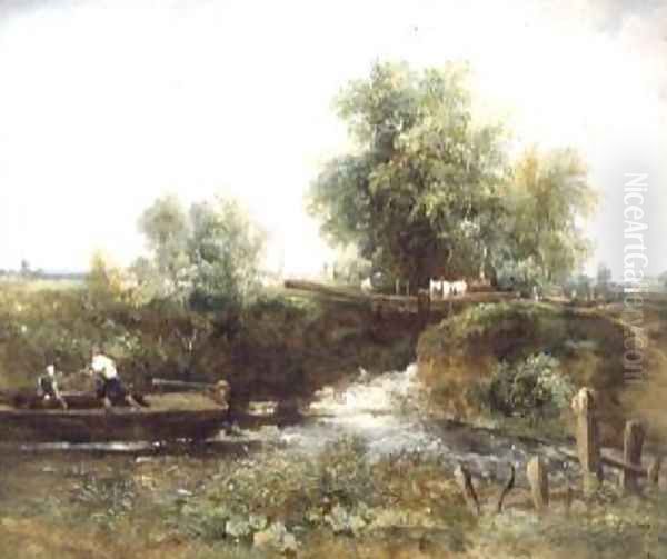 River with Horses Crossing and Skiff Oil Painting by Frederick Waters Watts