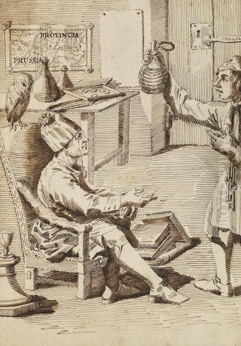 Portrait Of Baron Philipp Von 
Stosch In His Study With A Servant Holding A Flask Inscribed 'provincia
 Prussia' Traces Of Black Chalk, Pen And Brown Ink, Brown Wash 12 1/8 X
 8Â½ In Oil Painting by Pier Leone Ghezzi