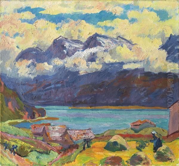 Morgenstimmung - Stalle Und 
Heuerin In Capolago Mit Blick Auf Den Silsersee Und Den Corvatsch Oil Painting by Giovanni Giacometti