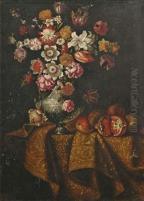 Stilleben Mit Blumen Und Fruchten Auf Einem Tisch Oil Painting by Antonio Gianlisi The Younger