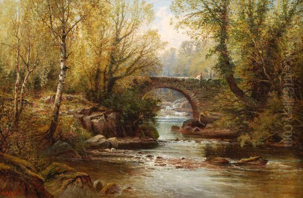A Figure On A Bridge Over A Rocky River Oil Painting by Alfred Glendening