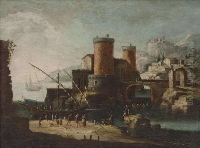 A) Veduta Di Porto Con Due Torri
 E Un Ponte Al Centro, Rovine Sulla Sinistra, Barche E Astanti Oil Painting by Gennaro Greco