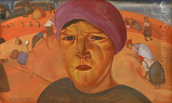 Russian Peasant Woman Oil Painting by Boris Dmitrievich Grigoriev