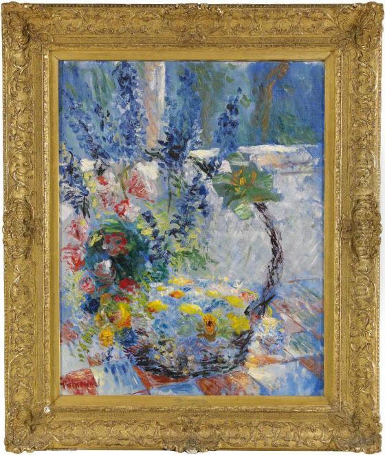 Stilleben Med Blomsterkorg Oil Painting by Isaac Grunewald