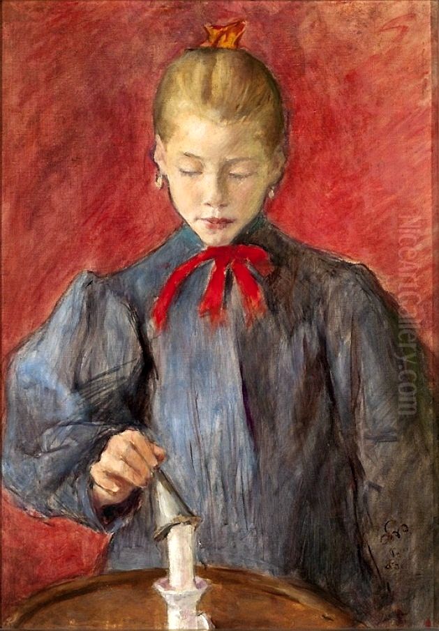 Girl Putting Out a Candle Oil Painting by Stanislaw Wyspianski