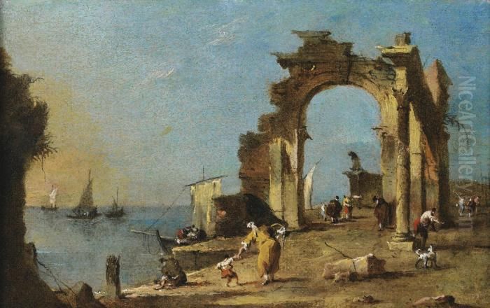 A Capriccio Of A Ruined Archway 
On The Edge Of The Venetian Lagoon, With A Mother Struggling With Her 
Child In The Foreground Oil Painting by Francesco Guardi
