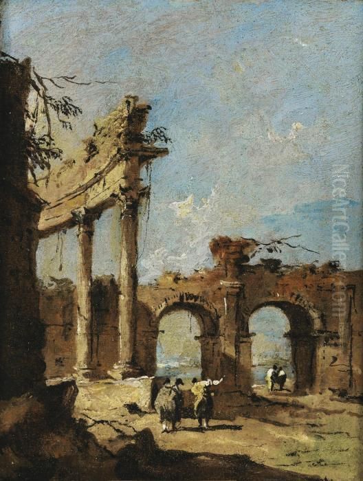 A Capriccio Of A Ruined 
Corinthian Colonnade And A Double-arched Gateway With Gentlemen 
Conversing In The Foreground Oil Painting by Francesco Guardi