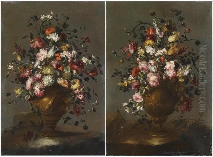 Two Still Lifes With Roses, 
Tulips, Viburnums, Sunflower, Poppies And Other Flowers In A Vase Oil Painting by Francesco Guardi