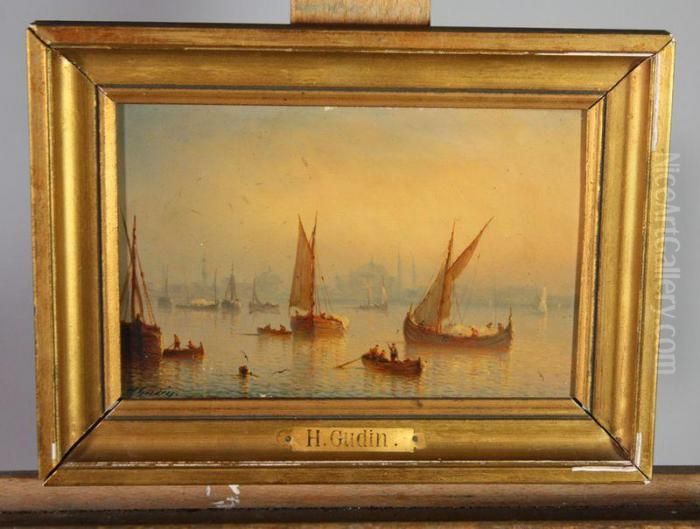 Paire De Marines Representant Une Tempete Et Une Vue Du Pont De Sainte Sophie. Oil Painting by Herminie Gudin