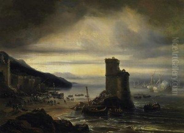 Battle Scenery. Docking Marines 
Storming A Fort On The Coast. Signed Lower Left: Th. Gudin Oil Painting by Theodore Gudin