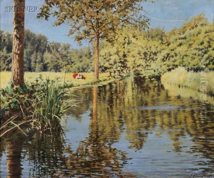 Cows At Pasture On A Summer Day Oil Painting by Ferdinand Joseph Gueldry