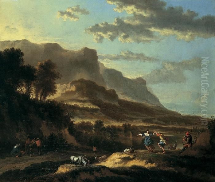Italianisierende Berglandschaft Mit Tanzendem Paar Oil Painting by Jan Hackaert