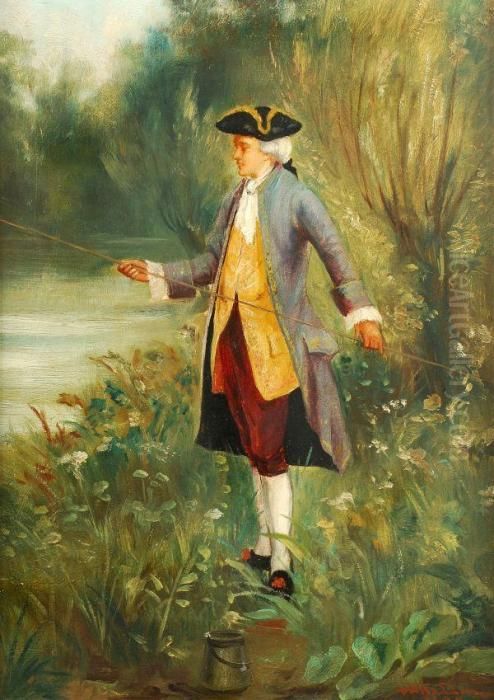 A Gentleman In 18th Century Dress Fishing By A River Oil Painting by David W. Haddon