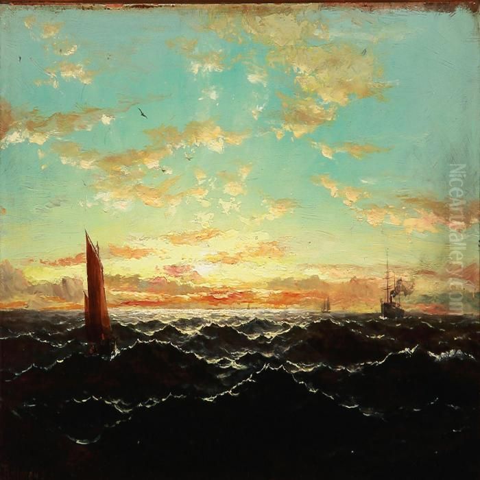 Seascape With Sunset And Sailing Ships Oil Painting by Thomas Bush Hardy