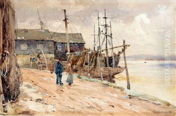 Figures By A Quayside Oil Painting by Claude Hayes