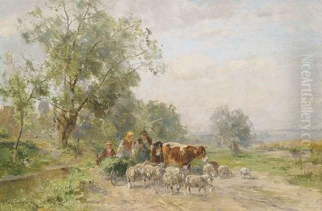 Bauernfamilie Mit Ihrer Herde Oil Painting by Karl Adam Heinisch