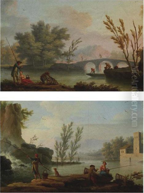 Pecheurs Pres D'une Cascade; Et Pecheurs Pres D'un Pont Oil Painting by Jean Henry D'Arles
