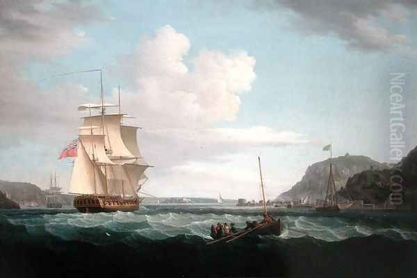 A British Frigate with a Longboat off the Headland of Gallows Hill, Broad Bay, Isle of Lewis, Hebrides Oil Painting by Thomas Whitcombe