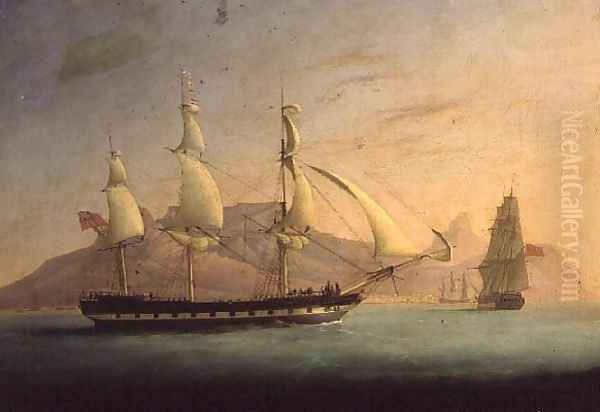 East Indiaman Outward Bound off Cape Town and Table Mountain Oil Painting by Thomas Whitcombe