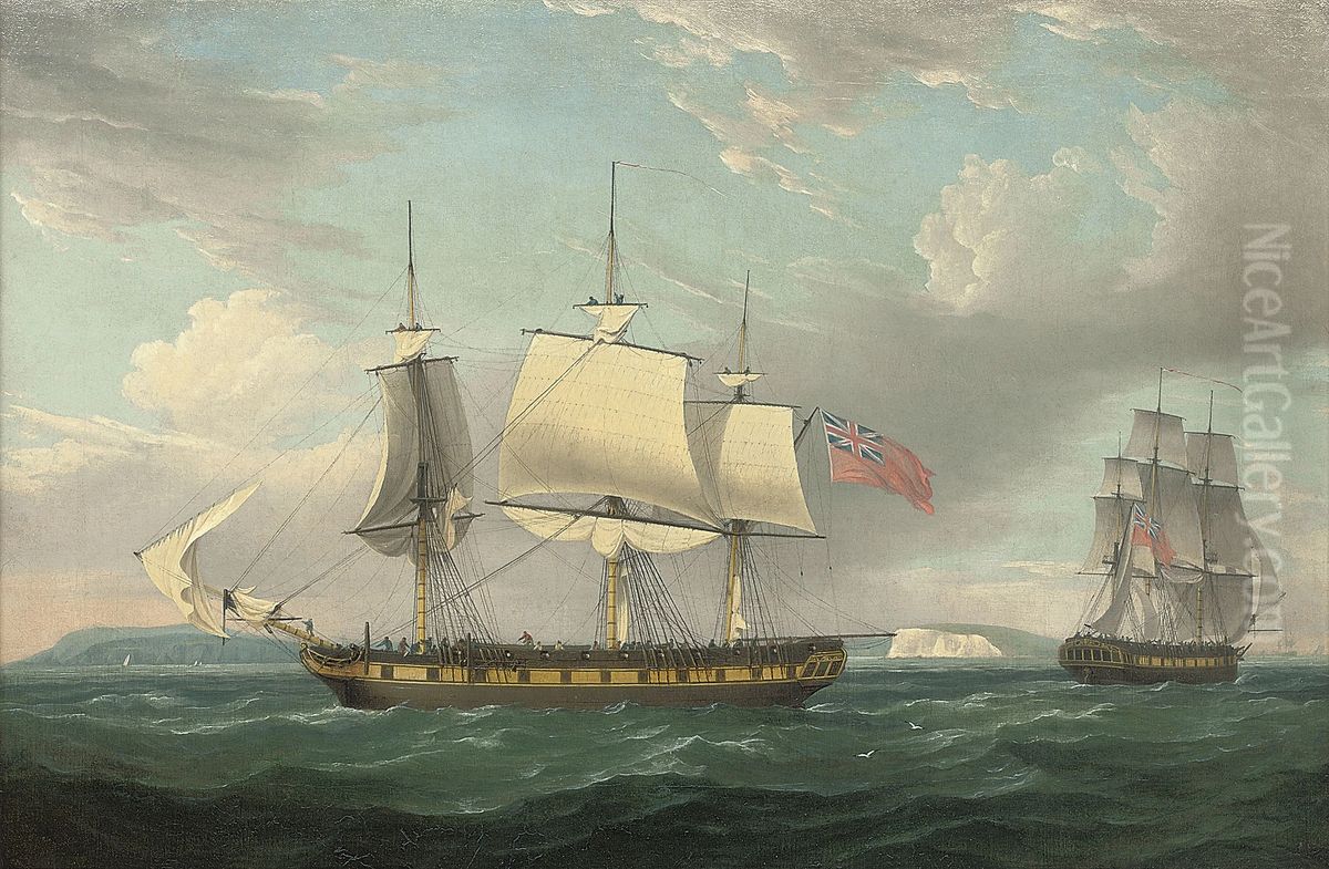 A Merchantman in Two Positions off the South Coast Oil Painting by Thomas Whitcombe
