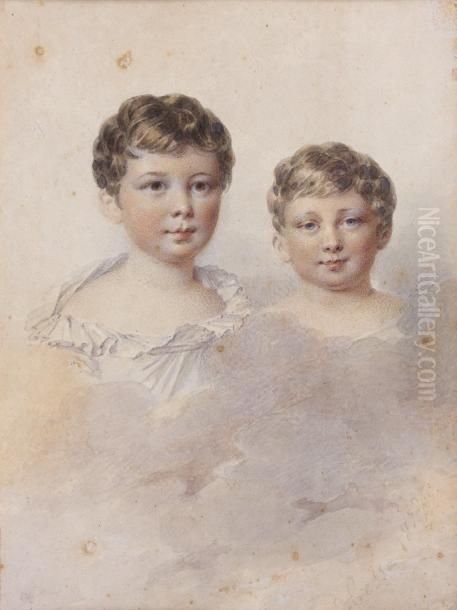 Portrait De Deux Enfants De La Famille De Damas Oil Painting by Alexandre-Jean-Baptiste Hesse