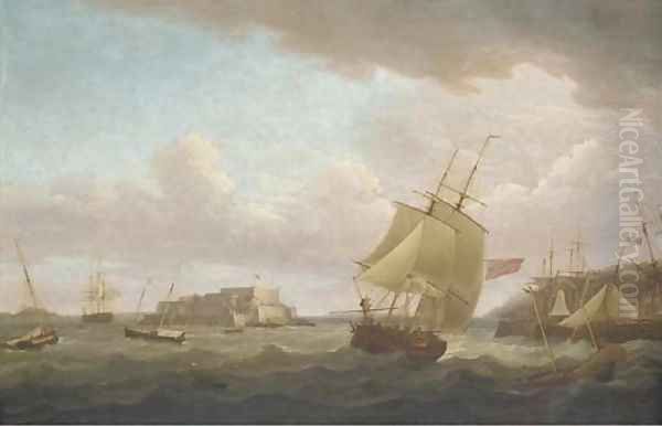 A merchantman and other vessels off Castle Cornet, Guernsey Oil Painting by Thomas Whitcombe