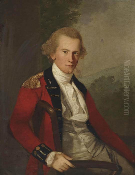 Portrait Of A Gentleman, 
Three-quarter-length, Seated, In A White Waistcoat And A Red Coat, In A 
Landscape Oil Painting by Thomas Hickey