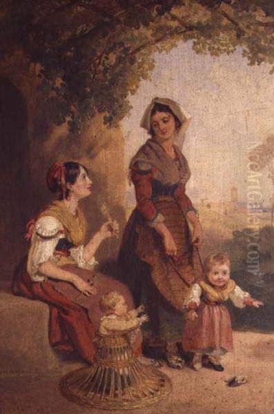 Two Roman ladies and their children Oil Painting by Penry Williams