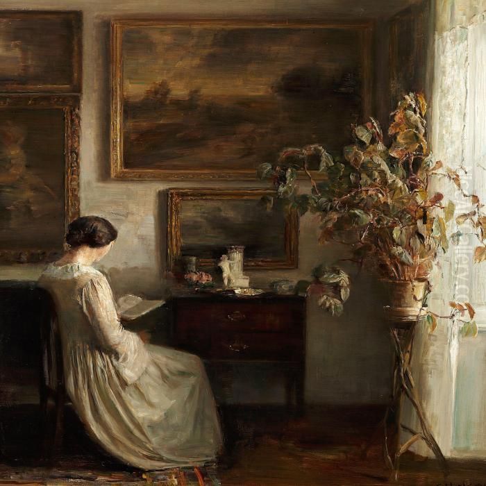Interior With A Readingwoman Dressed In White Oil Painting by Carl Vilhelm Holsoe