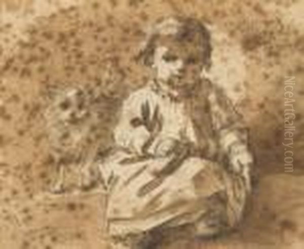 Jeune Fille Au Chat Oil Painting by Jean-Baptiste Huet