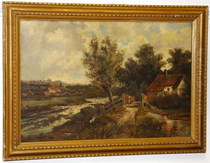A Riverside Cottage Oil Painting by Abraham Hulk Snr
