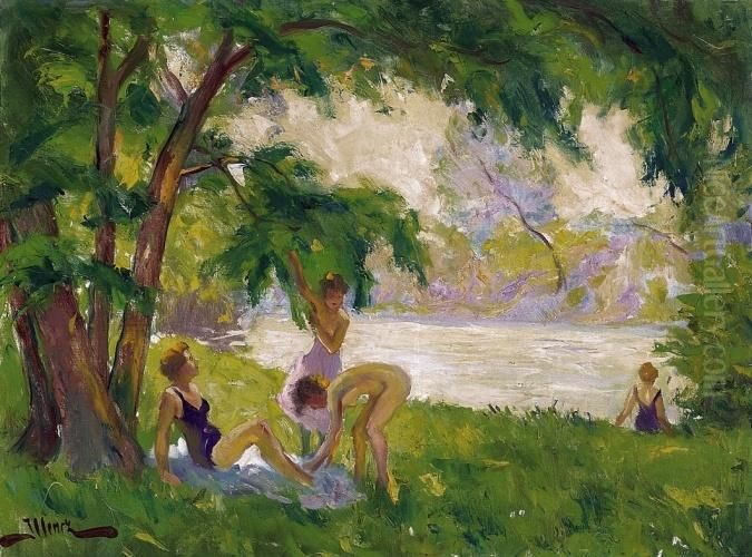 On The Lakeside Oil Painting by Lipot Illencz