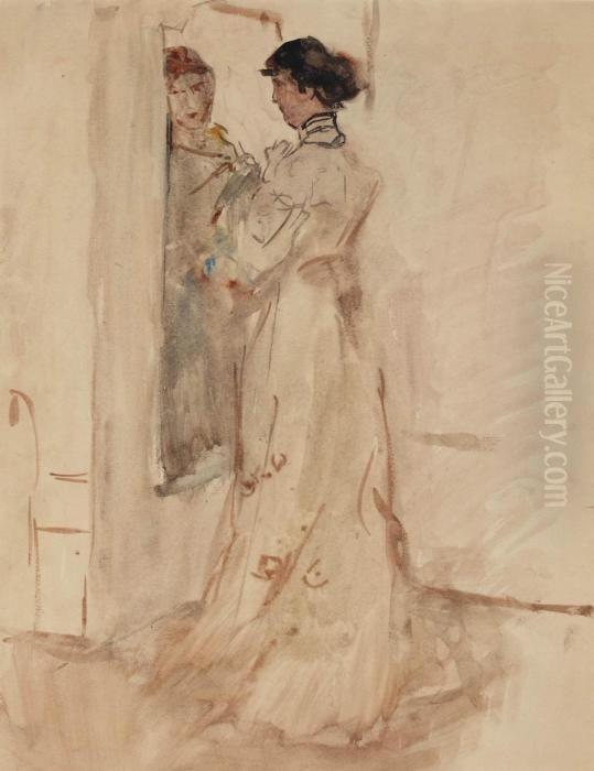 An Elegant Woman In Front Of A Mirror Oil Painting by Isaac Lazarus Israels